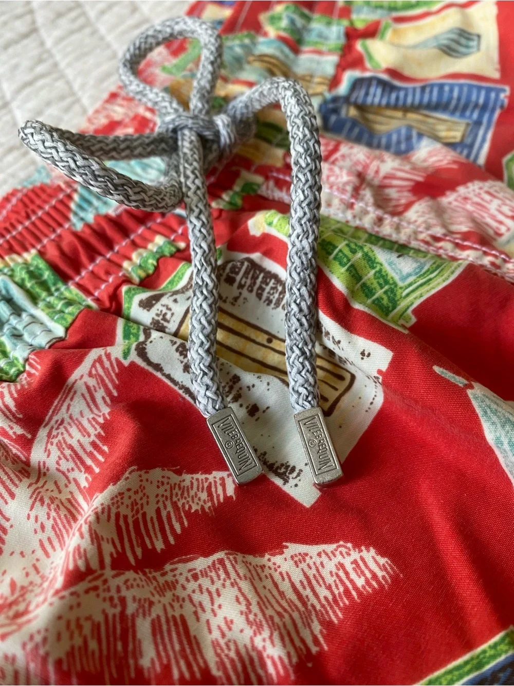 Vilebrequin Red Beach Hut Swim Trunks Palm Tree Drawstring Preppy Print Medium